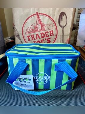 Seasonal Brand New Trader Joe's Mini Insulated Tote Blue & Green Stripes